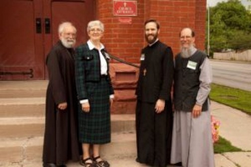 l-r Fr. Stevan, Mary Drippé, Fr. John. Fr. Deacon Michael,
